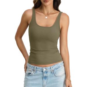 Womens Padded Tank Top Cotton Ribbed Built in Bra Scoop Neck Camisole Top Fitted Sleeveless Basic T Shirts 2026(Army Green)