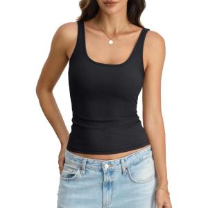 Womens Padded Tank Top Cotton Ribbed Built in Bra Scoop Neck Camisole Top Fitted Sleeveless Basic T Shirts 2026(Black)