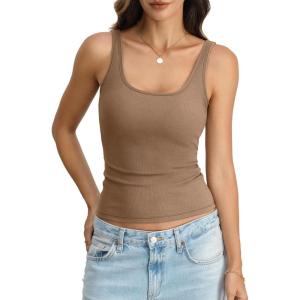 Womens Padded Tank Top Cotton Ribbed Built in Bra Scoop Neck Camisole Top Fitted Sleeveless Basic T Shirts 2026(Brown)