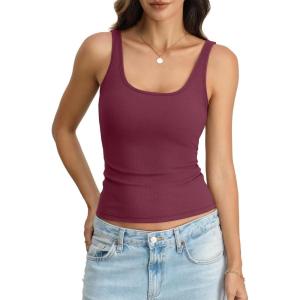 Womens Padded Tank Top Cotton Ribbed Built in Bra Scoop Neck Camisole Top Fitted Sleeveless Basic T Shirts 2026(Wine Red)