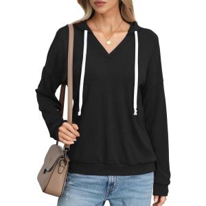 Womens V Neck Hoodie Lightweight Long Sleeve Sweatshirts Casual Loose Drawstring Pullover Fall Fashion Top 2026(Black)