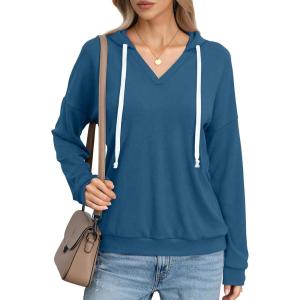 Womens V Neck Hoodie Lightweight Long Sleeve Sweatshirts Casual Loose Drawstring Pullover Fall Fashion Top 2026(Blue)