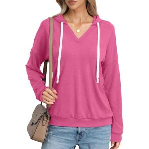 Womens V Neck Hoodie Lightweight Long Sleeve Sweatshirts Casual Loose Drawstring Pullover Fall Fashion Top 2026(Hot Pink)