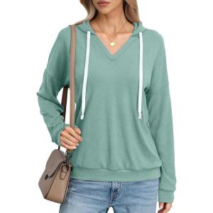 Womens V Neck Hoodie Lightweight Long Sleeve Sweatshirts Casual Loose Drawstring Pullover Fall Fashion Top 2026(Mint Green)