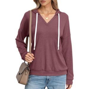 Womens V Neck Hoodie Lightweight Long Sleeve Sweatshirts Casual Loose Drawstring Pullover Fall Fashion Top 2026(Wine Red)