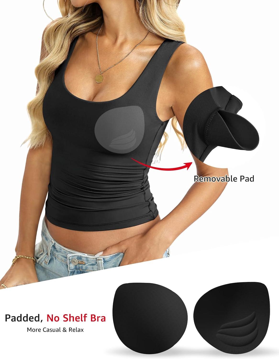 imageWomens Padded Double Lined Tank Tops Scoop Neck Built in Bra Tops Slim Fit Sleeveless Shirts Summer OutfitBlack