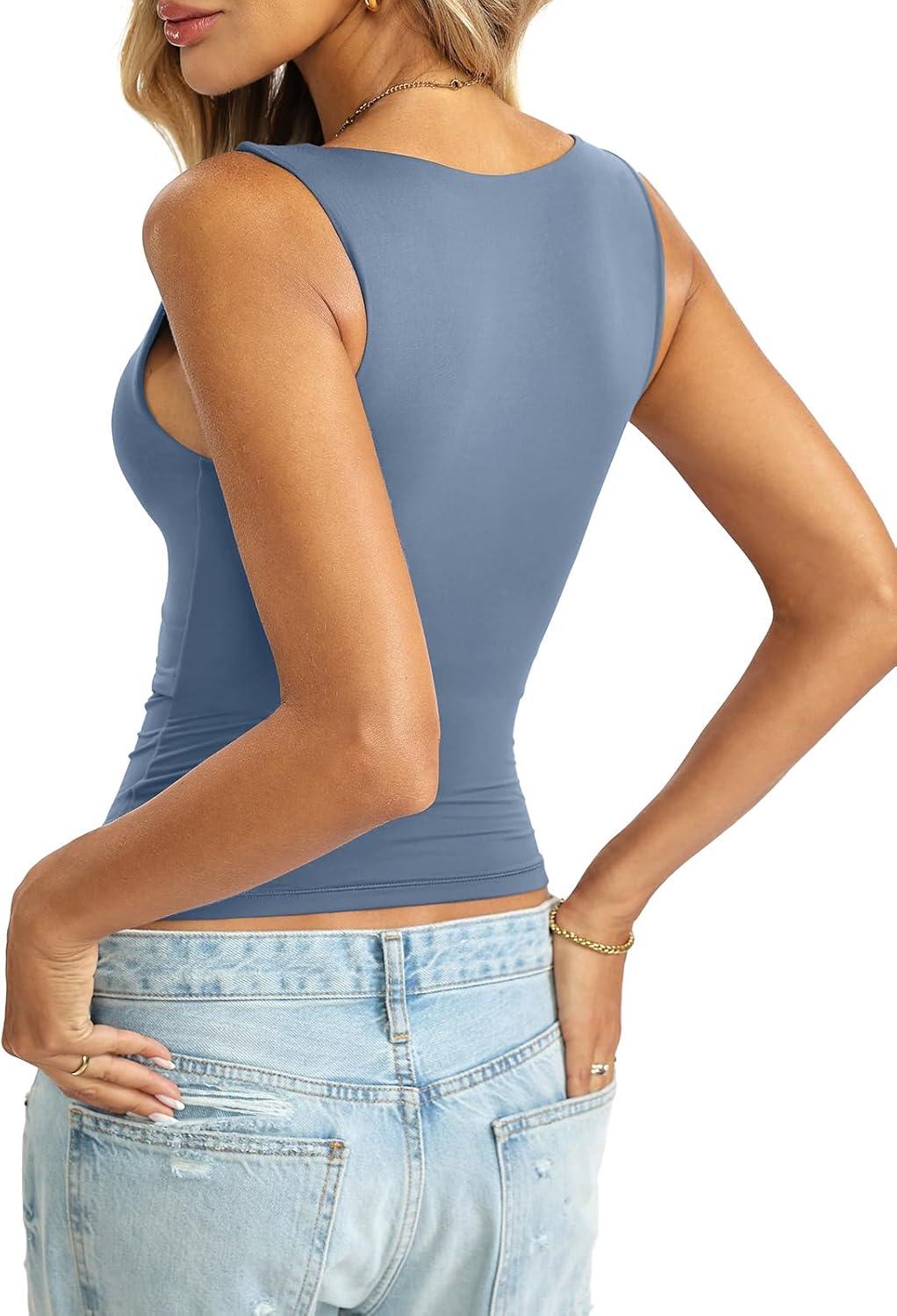 imageWomens Padded Double Lined Tank Tops Scoop Neck Built in Bra Tops Slim Fit Sleeveless Shirts Summer OutfitDusty Blue