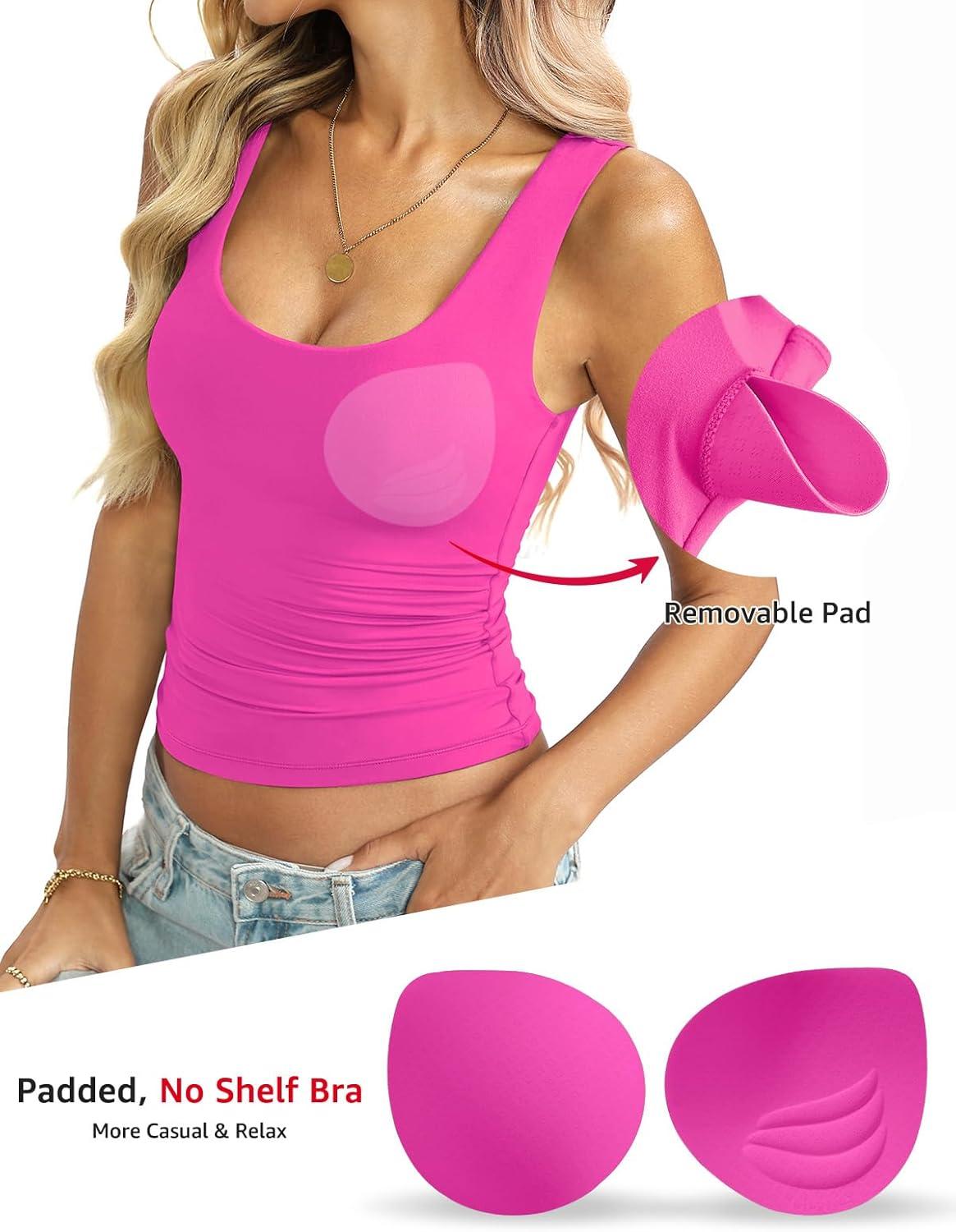imageWomens Padded Double Lined Tank Tops Scoop Neck Built in Bra Tops Slim Fit Sleeveless Shirts Summer OutfitHot Pink
