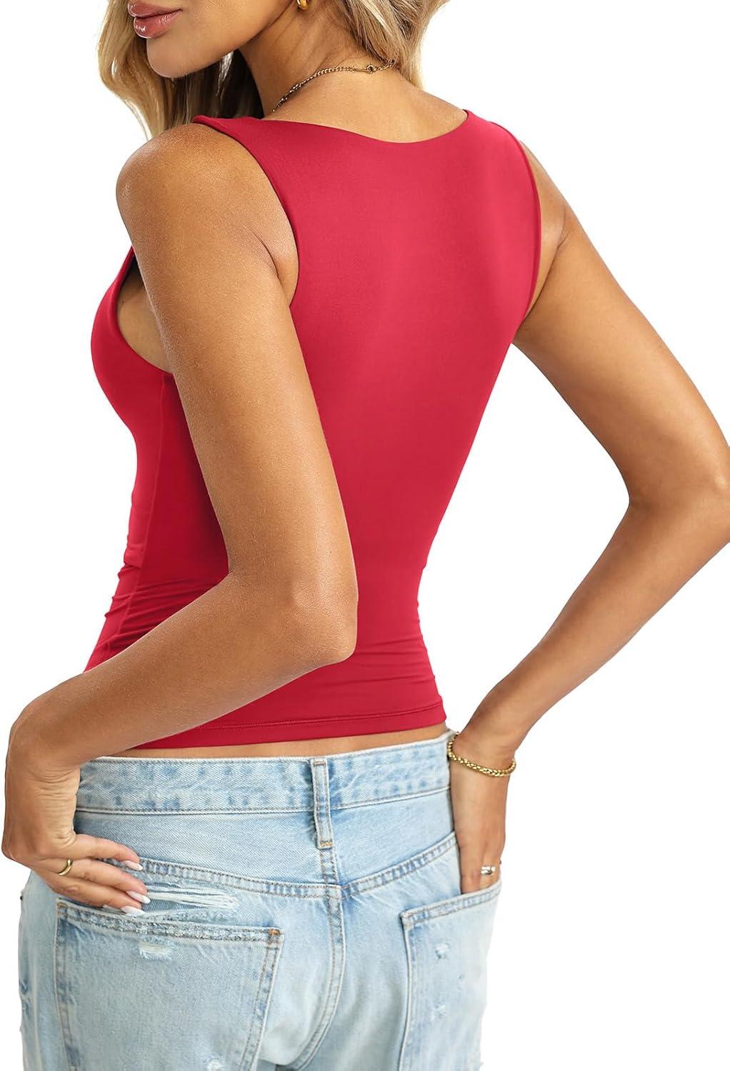 imageWomens Padded Double Lined Tank Tops Scoop Neck Built in Bra Tops Slim Fit Sleeveless Shirts Summer OutfitRed