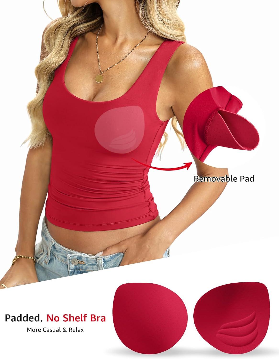 imageWomens Padded Double Lined Tank Tops Scoop Neck Built in Bra Tops Slim Fit Sleeveless Shirts Summer OutfitRed