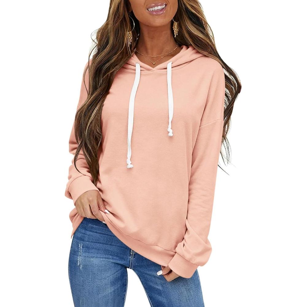 imageWomens Casual Lightweight Hoodies Drawstring Long Sleeve Sweatshirt Loose Pullover Top Trendy Fall Clothes 2026Peachy Pink