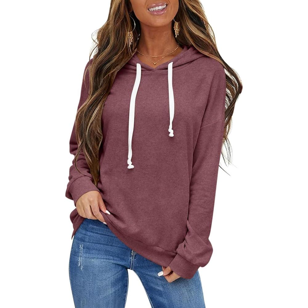 imageWomens Casual Lightweight Hoodies Drawstring Long Sleeve Sweatshirt Loose Pullover Top Trendy Fall Clothes 2026Wine Red