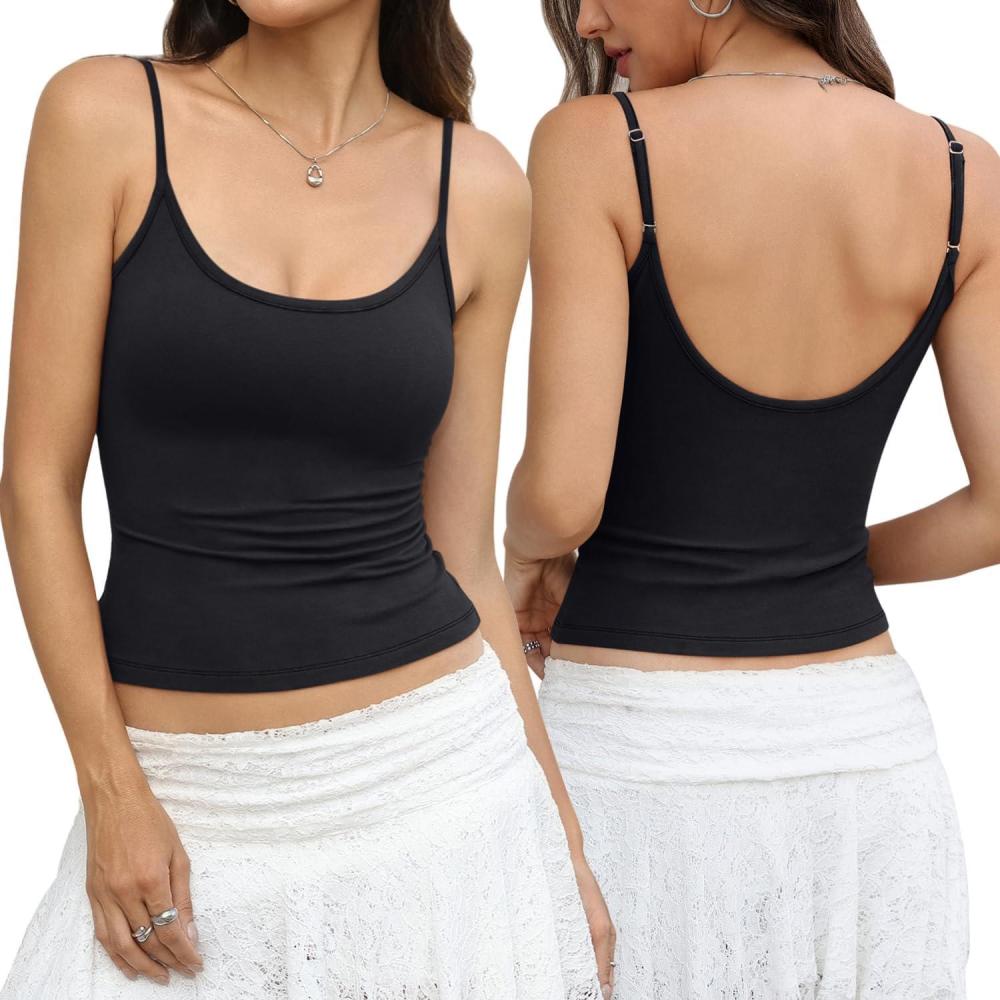 imageWomens Cotton Scoop Neck Tank Top Adjustable Spaghetti Strap Camisole Basic Summer Fitted Backless Shirts 2026Ture Black