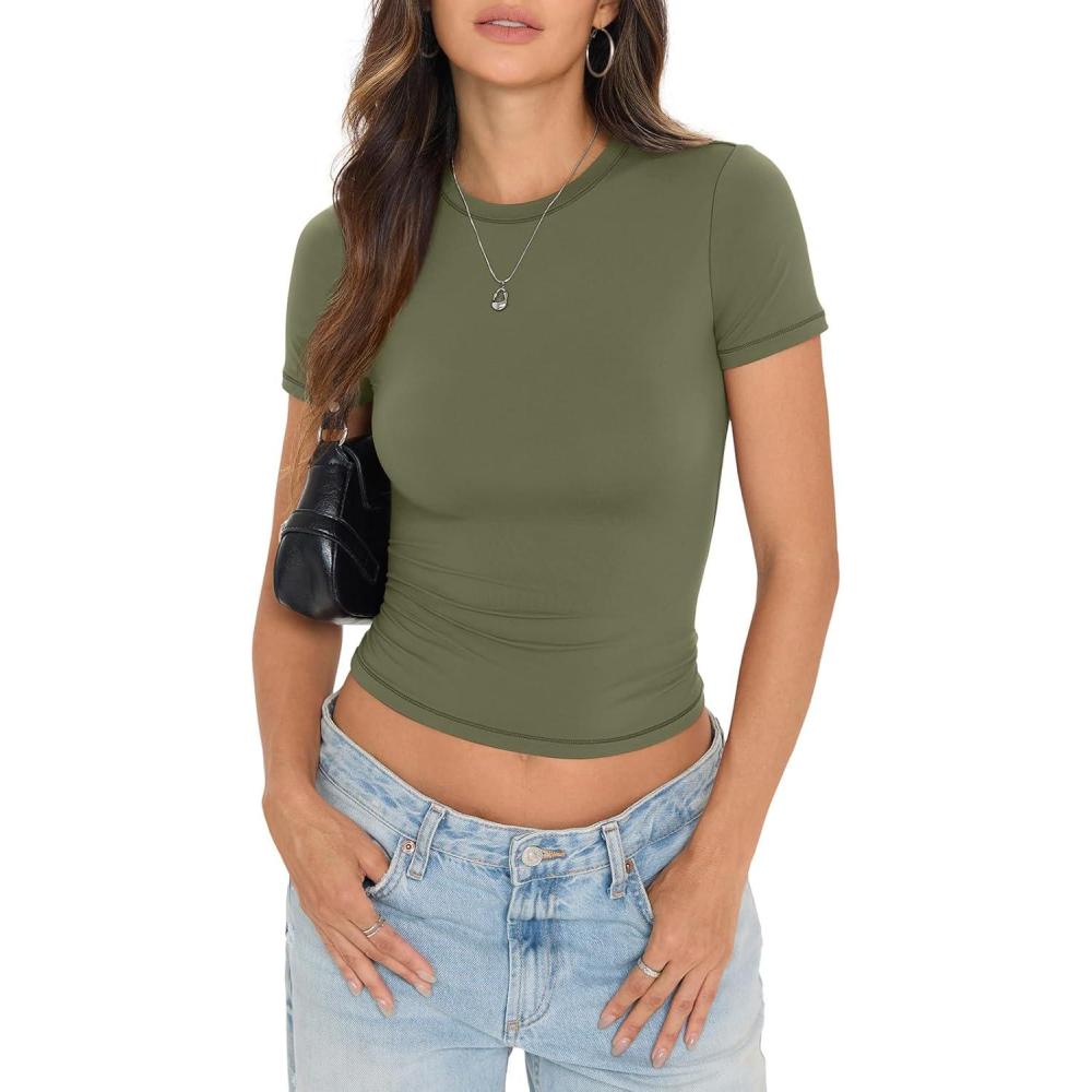 imageWomens Double Lined Short Sleeve Crop Tops Basic Crew Neck Shirts Y2k Going Out Tops Semmer Clothes 2026Army Green
