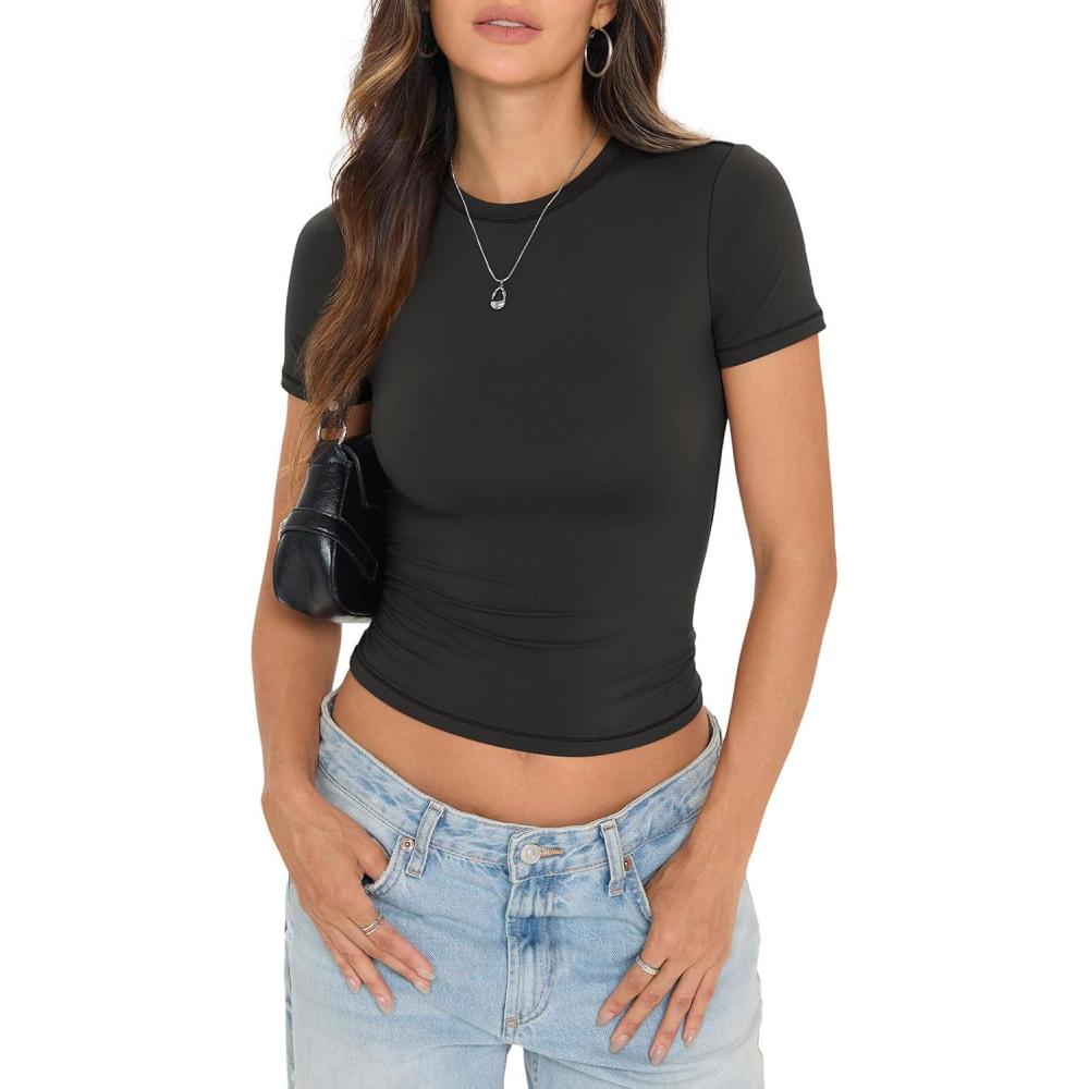 imageWomens Double Lined Short Sleeve Crop Tops Basic Crew Neck Shirts Y2k Going Out Tops Semmer Clothes 2026Black