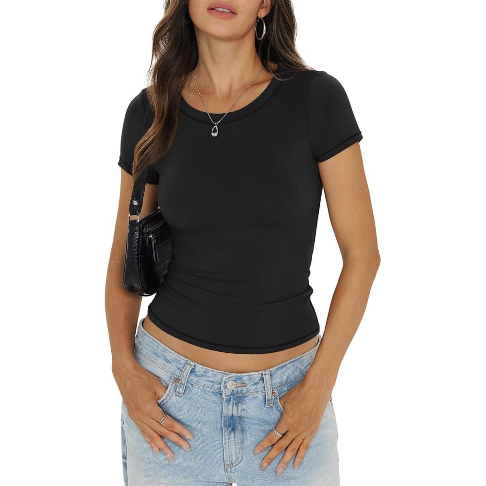 imageWomens Double Lined Short Sleeve Tops Basic Crew Neck Fitted Shirts Y2k Going Out Tops Summer Clothes 2026Black