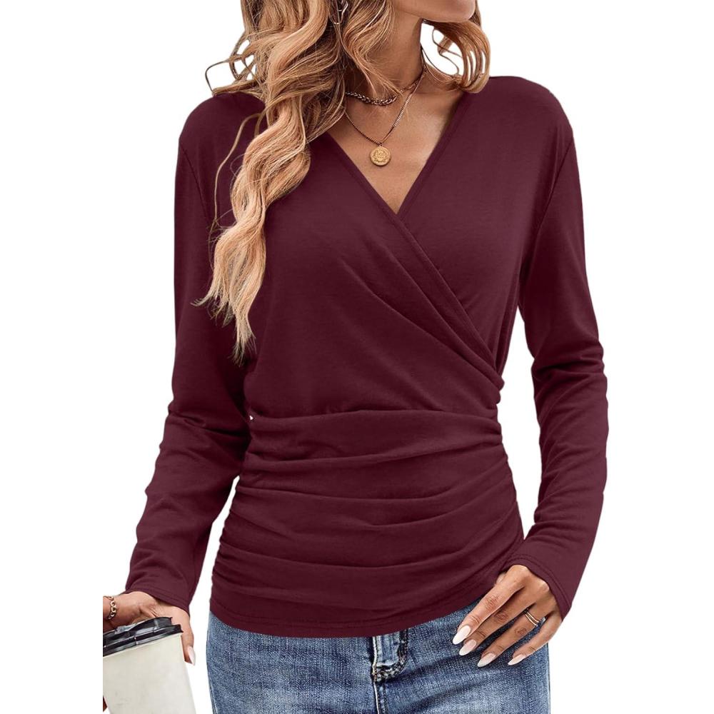 imageWomens Wrap Long Sleeve Shirts Ruched V Neck Tops Sexy Dressy Slim Fit Fall Outfits 2026Burgundy