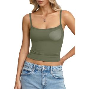 Womens Built in Shelf Bra Padded Tank Tops Spaghetti Strap Square Neck Crop Tops Tight Camisole Shirts(Army Green)