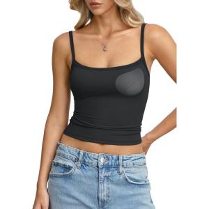 Womens Built in Shelf Bra Padded Tank Tops Spaghetti Strap Square Neck Crop Tops Tight Camisole Shirts(Black)
