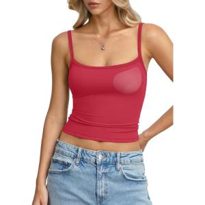 Womens Built in Shelf Bra Padded Tank Tops Spaghetti Strap Square Neck Crop Tops Tight Camisole Shirts(Red)