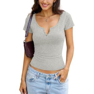 Womens Cotton Henley Shirts Scoop Neck Short Sleeve T Shirts Basic Button Slim Fit Tops Casual Summer Outfits(Light Heather Grey)