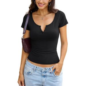 Womens Cotton Henley Shirts Scoop Neck Short Sleeve T Shirts Basic Button Slim Fit Tops Casual Summer Outfits(True Black)