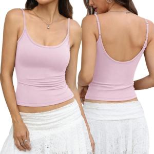 Womens Cotton Scoop Neck Tank Top Adjustable Spaghetti Strap Camisole Basic Summer Fitted Backless Shirts 2026(Baby Pink)