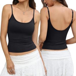 Womens Cotton Scoop Neck Tank Top Adjustable Spaghetti Strap Camisole Basic Summer Fitted Backless Shirts 2026(Ture Black)