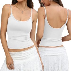 Womens Cotton Scoop Neck Tank Top Adjustable Spaghetti Strap Camisole Basic Summer Fitted Backless Shirts 2026(Ture White)