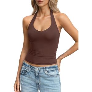 Womens Double Lined Halter Tank Tops Backless V Neck Sleeveless Shirts Sexy Going Out Tops Summer Trendy 2026(Brown)