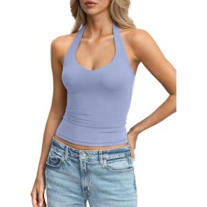 Womens Double Lined Halter Tank Tops Backless V Neck Sleeveless Shirts Sexy Going Out Tops Summer Trendy 2026(Light Blue)