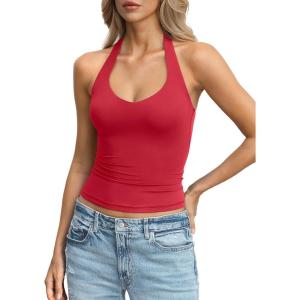 Womens Double Lined Halter Tank Tops Backless V Neck Sleeveless Shirts Sexy Going Out Tops Summer Trendy 2026(Red)