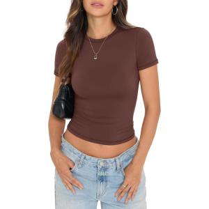Womens Double Lined Short Sleeve Crop Tops Basic Crew Neck Shirts Y2k Going Out Tops Semmer Clothes 2026(Brown)