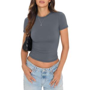 Womens Double Lined Short Sleeve Crop Tops Basic Crew Neck Shirts Y2k Going Out Tops Semmer Clothes 2026(Grey)