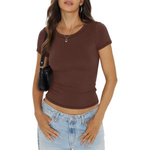 Womens Double Lined Short Sleeve Tops Basic Crew Neck Fitted Shirts Y2k Going Out Tops Summer Clothes 2026(Brown)