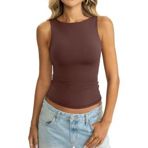 Womens Double Lined Tank Tops Boat Neck Fitted Top Basic Sleeveless Shirts Y2K Summer Going Out Outfits 2026(Brown)