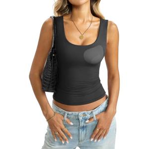 Womens Padded Double Lined Tank Tops Scoop Neck Built in Bra Tops Slim Fit Sleeveless Shirts Summer Outfit(Black)