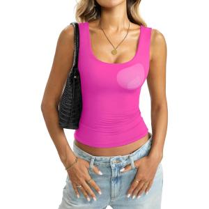 Womens Padded Double Lined Tank Tops Scoop Neck Built in Bra Tops Slim Fit Sleeveless Shirts Summer Outfit(Hot Pink)