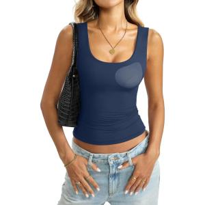 Womens Padded Double Lined Tank Tops Scoop Neck Built in Bra Tops Slim Fit Sleeveless Shirts Summer Outfit(Navy Blue)