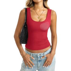 Womens Padded Double Lined Tank Tops Scoop Neck Built in Bra Tops Slim Fit Sleeveless Shirts Summer Outfit(Red)