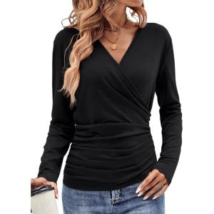 Womens Wrap Long Sleeve Shirts Ruched V Neck Tops Sexy Dressy Slim Fit Fall Outfits 2026(Black)