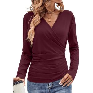 Womens Wrap Long Sleeve Shirts Ruched V Neck Tops Sexy Dressy Slim Fit Fall Outfits 2026(Burgundy)