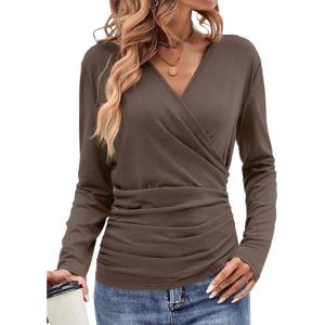 Womens Wrap Long Sleeve Shirts Ruched V Neck Tops Sexy Dressy Slim Fit Fall Outfits 2026(Coffee)