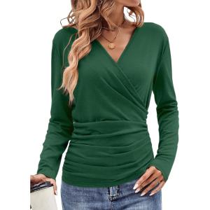 Womens Wrap Long Sleeve Shirts Ruched V Neck Tops Sexy Dressy Slim Fit Fall Outfits 2026(Green)