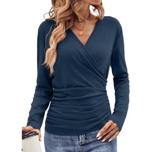 Womens Wrap Long Sleeve Shirts Ruched V Neck Tops Sexy Dressy Slim Fit Fall Outfits 2026(Navy)