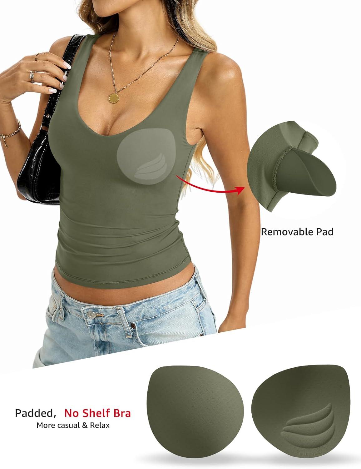 imageWomens Padded Double Lined Tank Tops Basic Deep V Neck Sleeveless Tops Sexy Fitted Shirts Summer OutfitsArmy Green