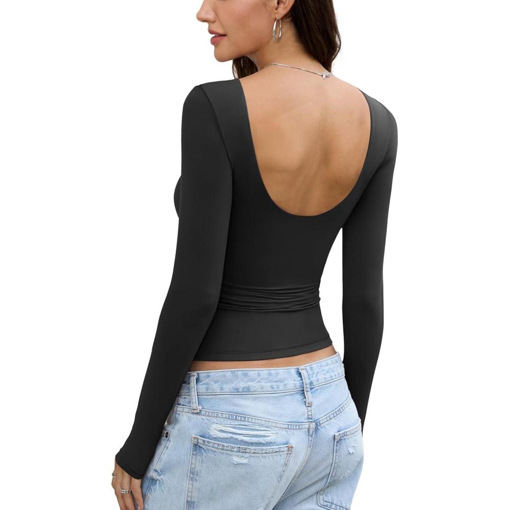 imageWomens Backless Double Lined Top Long Sleeve Y2K Going Out Top Sexy Open Back Boat Neck Shirt Slim Fit Spring Fall TeeBlack