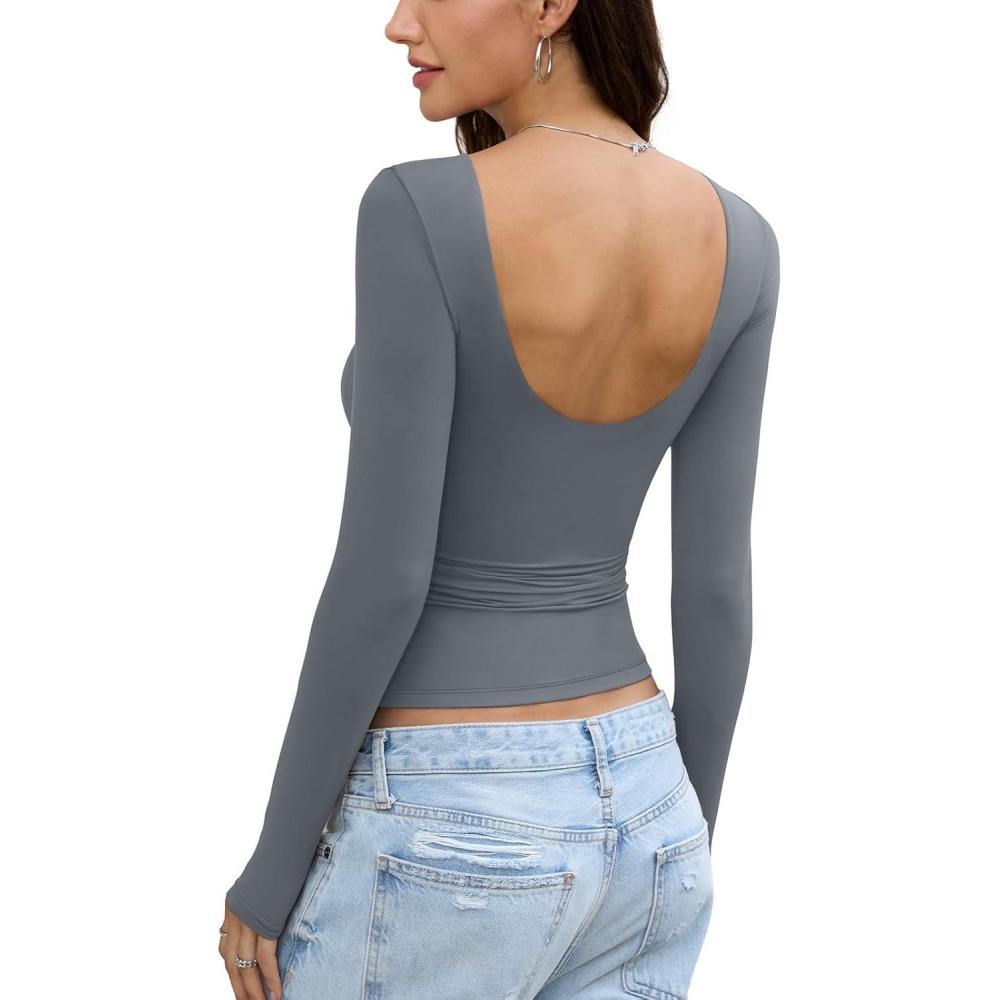imageWomens Backless Double Lined Top Long Sleeve Y2K Going Out Top Sexy Open Back Boat Neck Shirt Slim Fit Spring Fall TeeGray