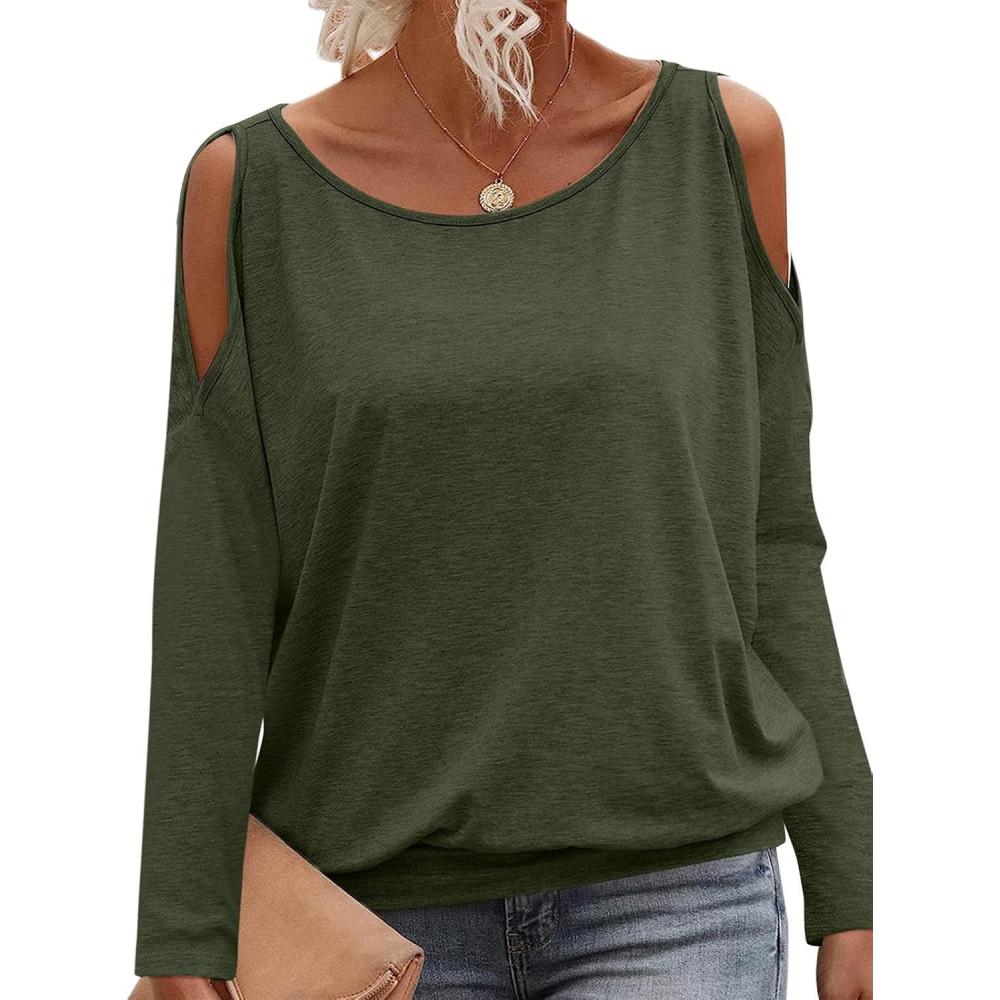 imageWomens Cold Shoulder Tops Banded Bottom Long Sleeve Shirts Boat Neck Fall Sexy Casual Outfits 2025Army Green