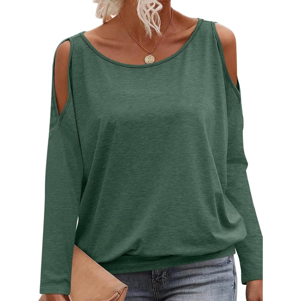 imageWomens Cold Shoulder Tops Banded Bottom Long Sleeve Shirts Boat Neck Fall Sexy Casual Outfits 2025Green